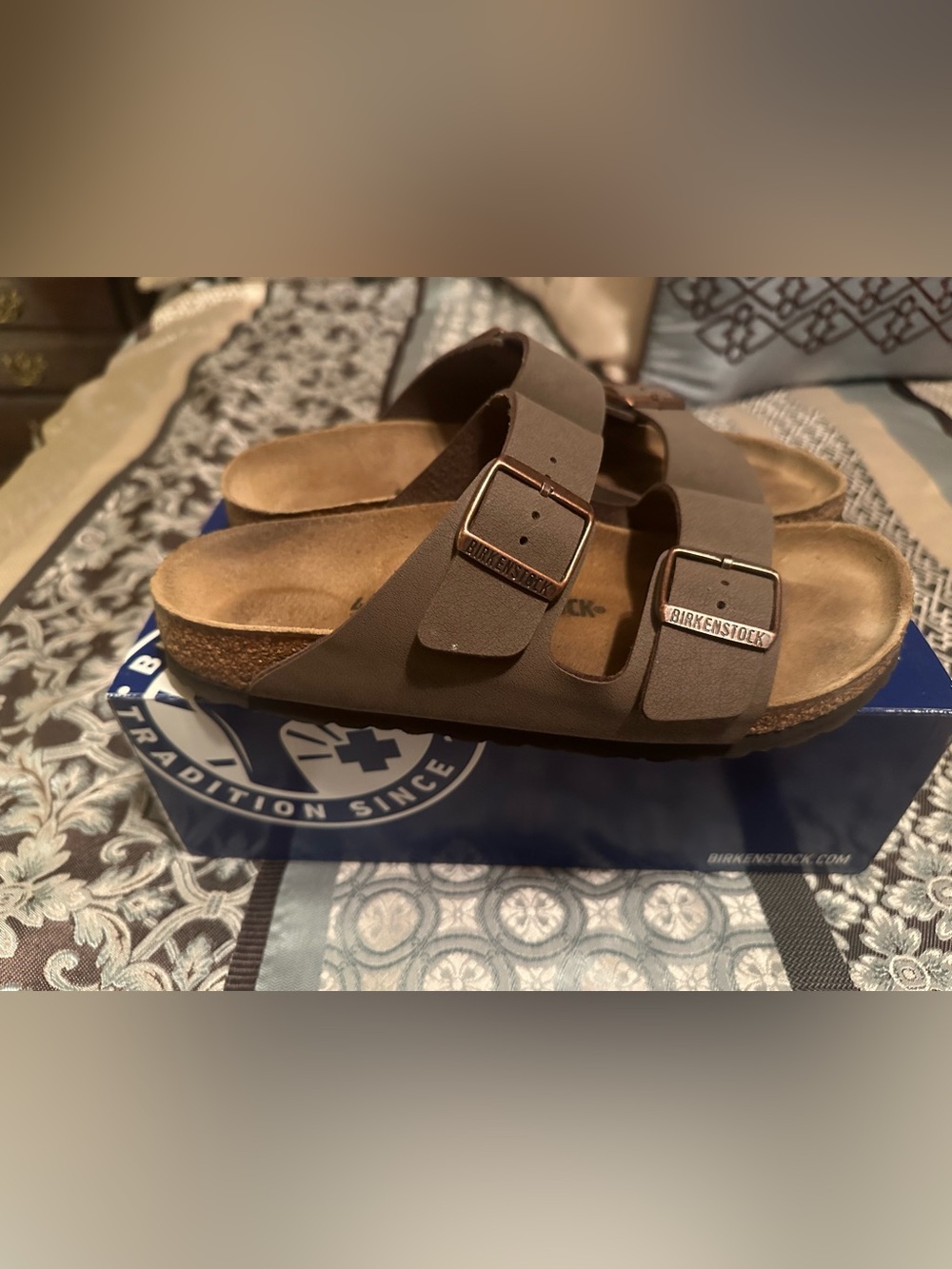 Birkenstock Men's Two-Strap Sandal in Brown with Copper Buckles